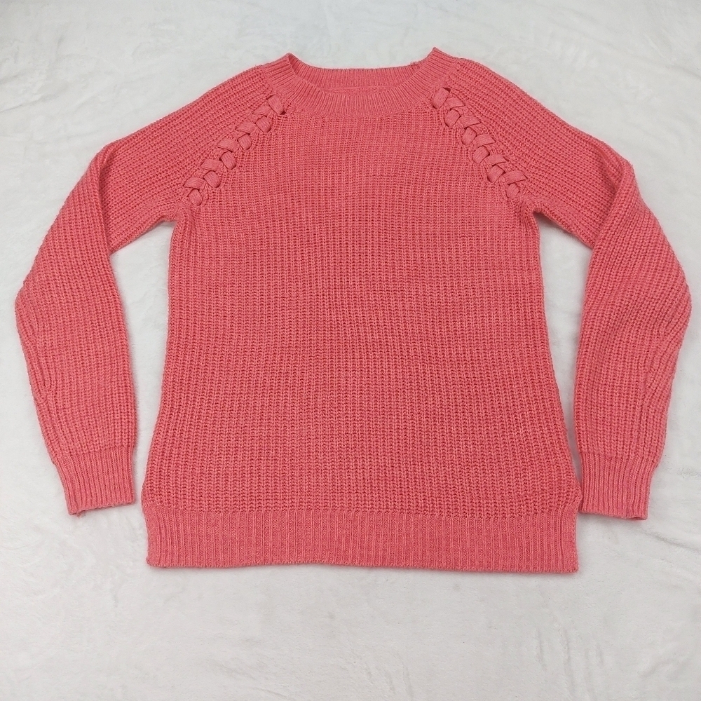 SO WOMENS BRIGHT PINK BRAIDED KNIT LONG SLEEVE 100% ACRYLIC SWEATER SIZE LARGE